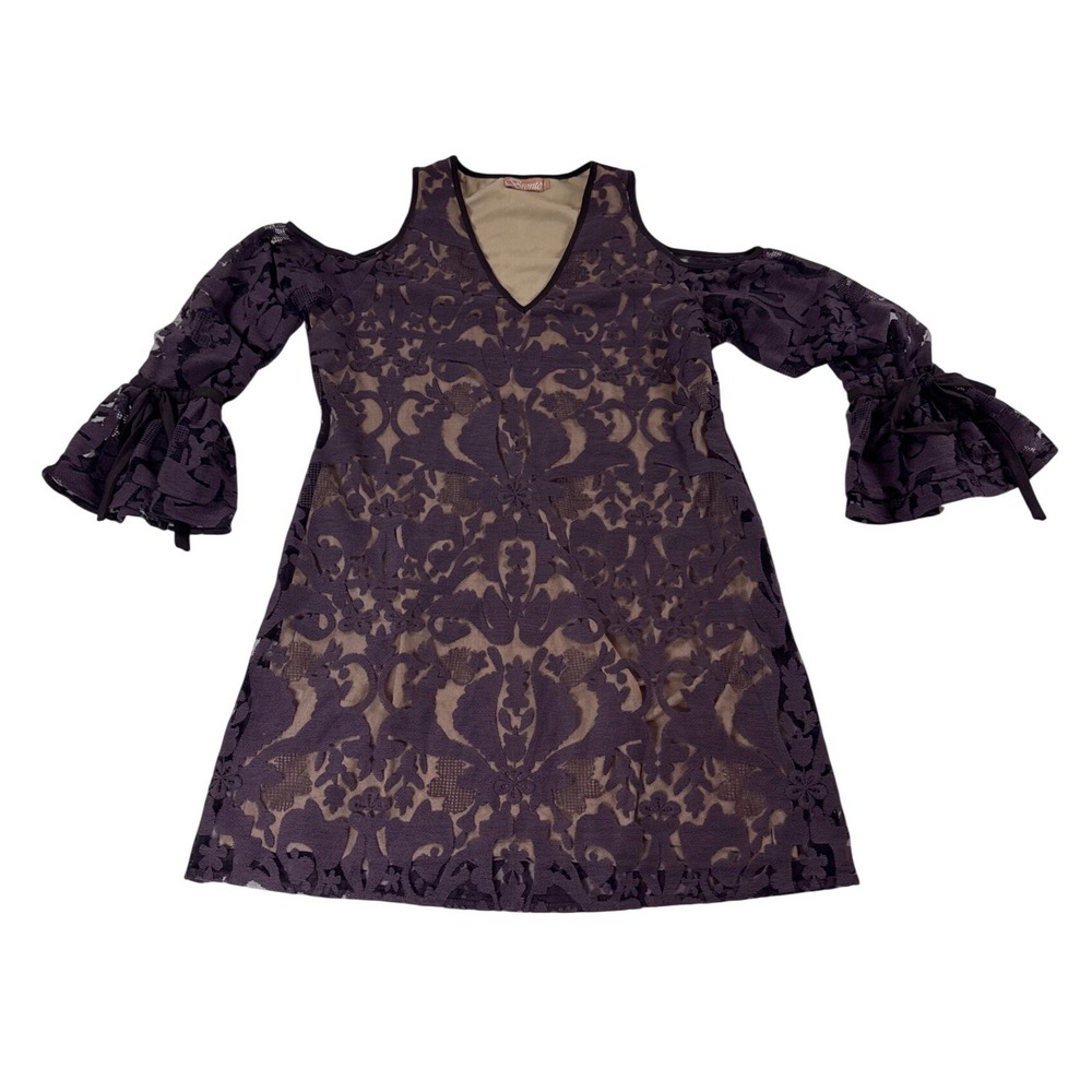 Bronte Brown Damask Lace Cold Shoulder Bell Sleeve Dress Large‎